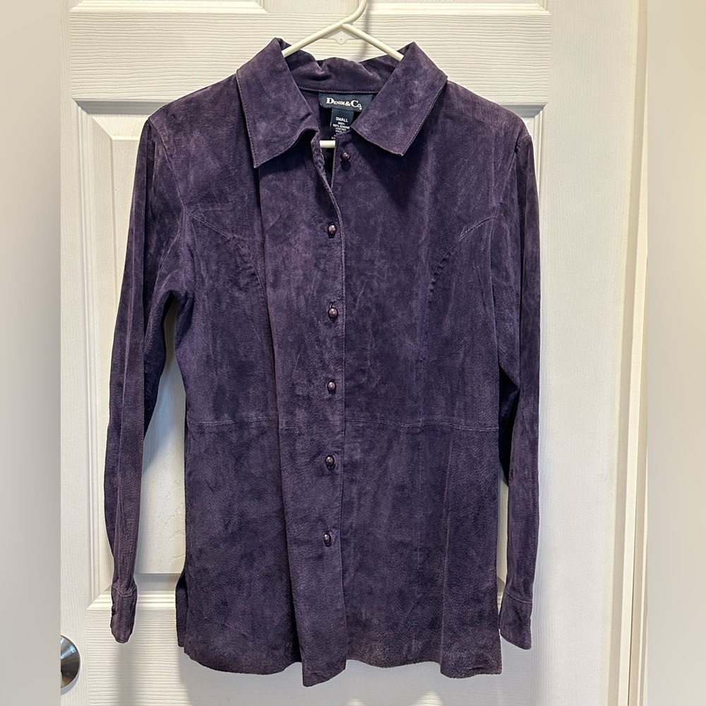 Women’s Denim&Co Purple Leather Suede Jacket Button Down Long Sleeve S NWOT